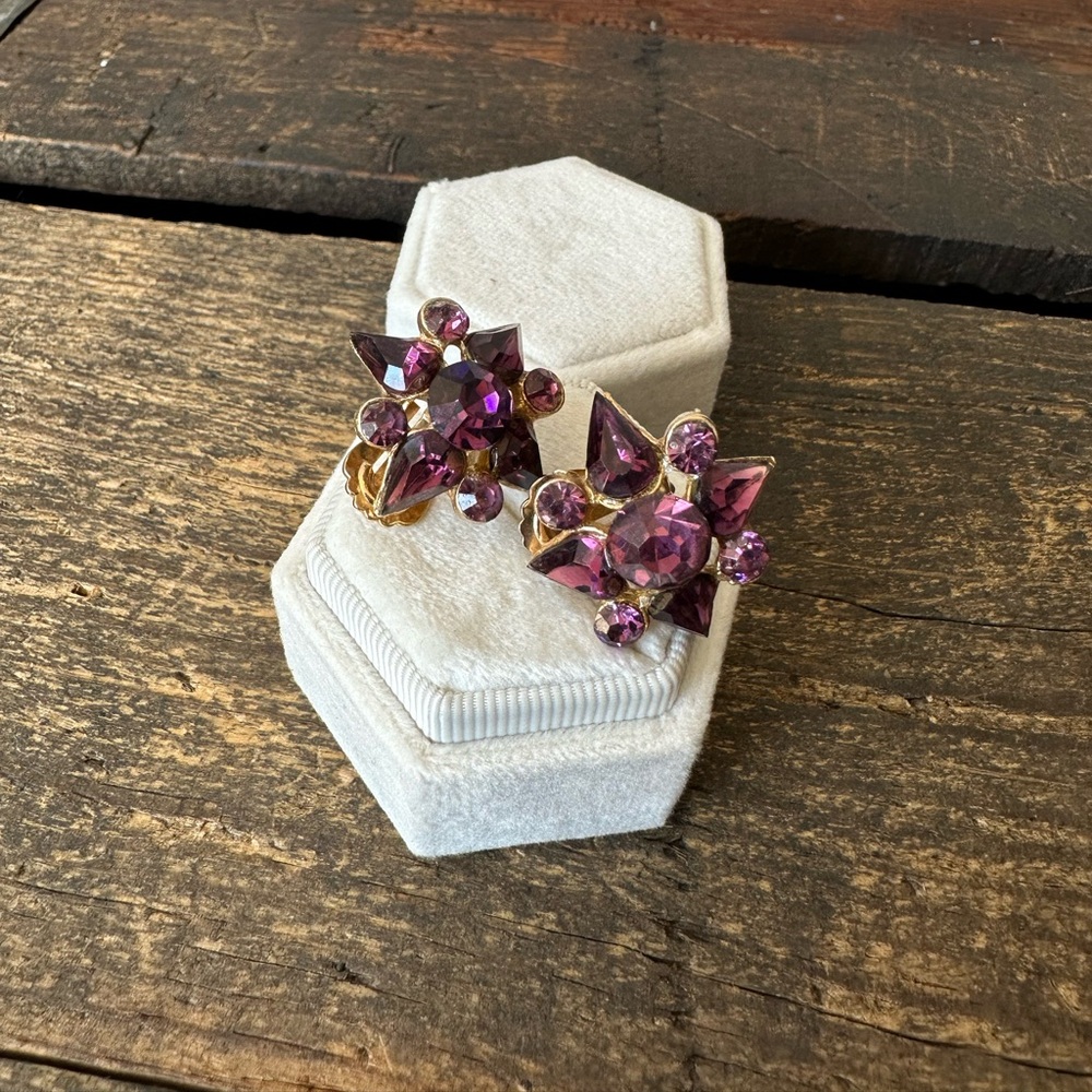Vintage costume clip-on earrings, faux amethyst stars